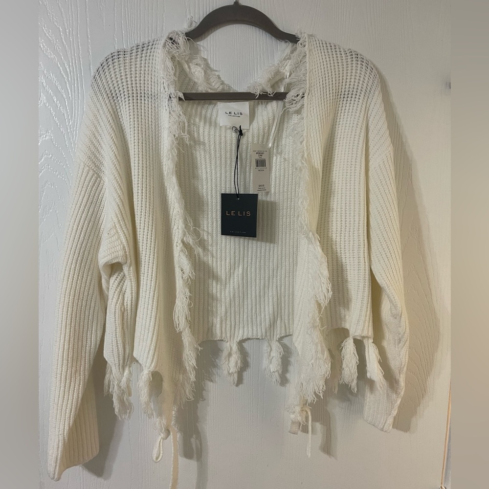 LE LIS Fringe Cardigan Sweater White
